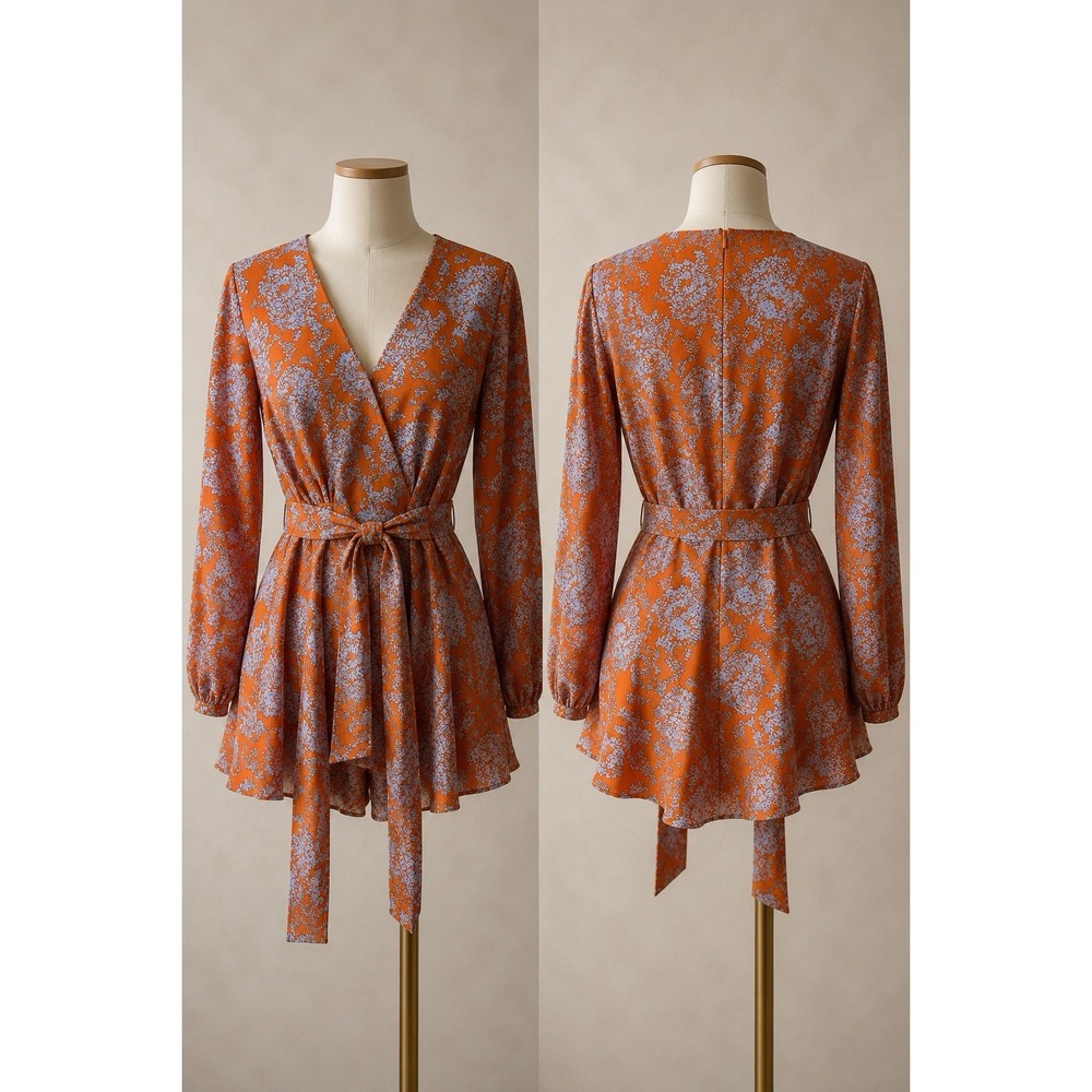 Unbranded Womens Romper Orange Lilac Floral Long Sleeve Tiered V-Neck Small Boho
